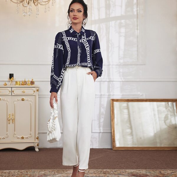 

Chain Print Pearls Button Front Blouse, Navy blue