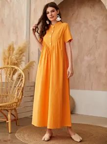 Mulvari Half Button Stand Neck Smock Dress - Orange - View 1