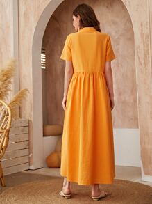 Mulvari Half Button Stand Neck Smock Dress - Orange - View 2