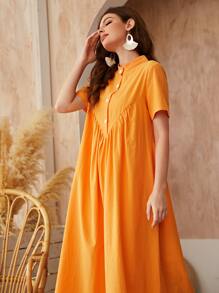 Mulvari Half Button Stand Neck Smock Dress - Orange - View 3