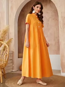 Mulvari Half Button Stand Neck Smock Dress - Orange - View 4