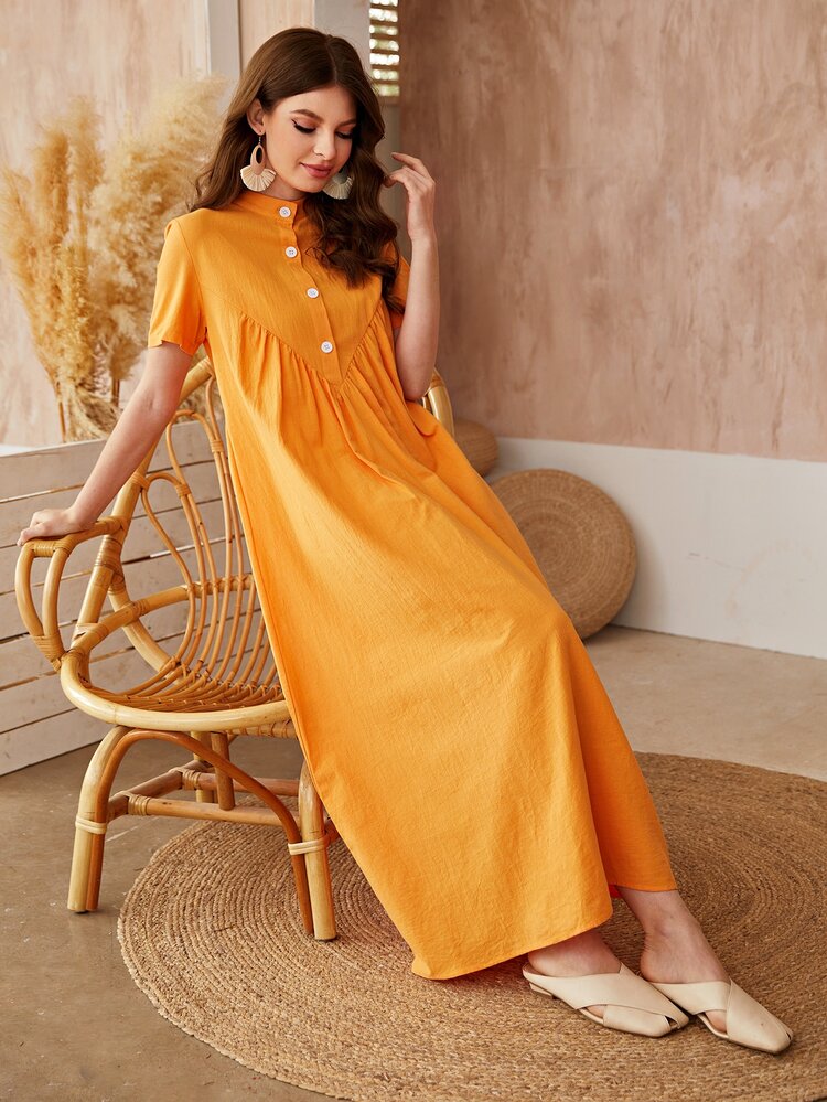 Mulvari Vestido smock de cuello alzado con botón - Naranja - Añade 5