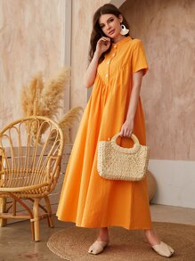 Mulvari Half Button Stand Neck Smock Dress - Orange - View 6