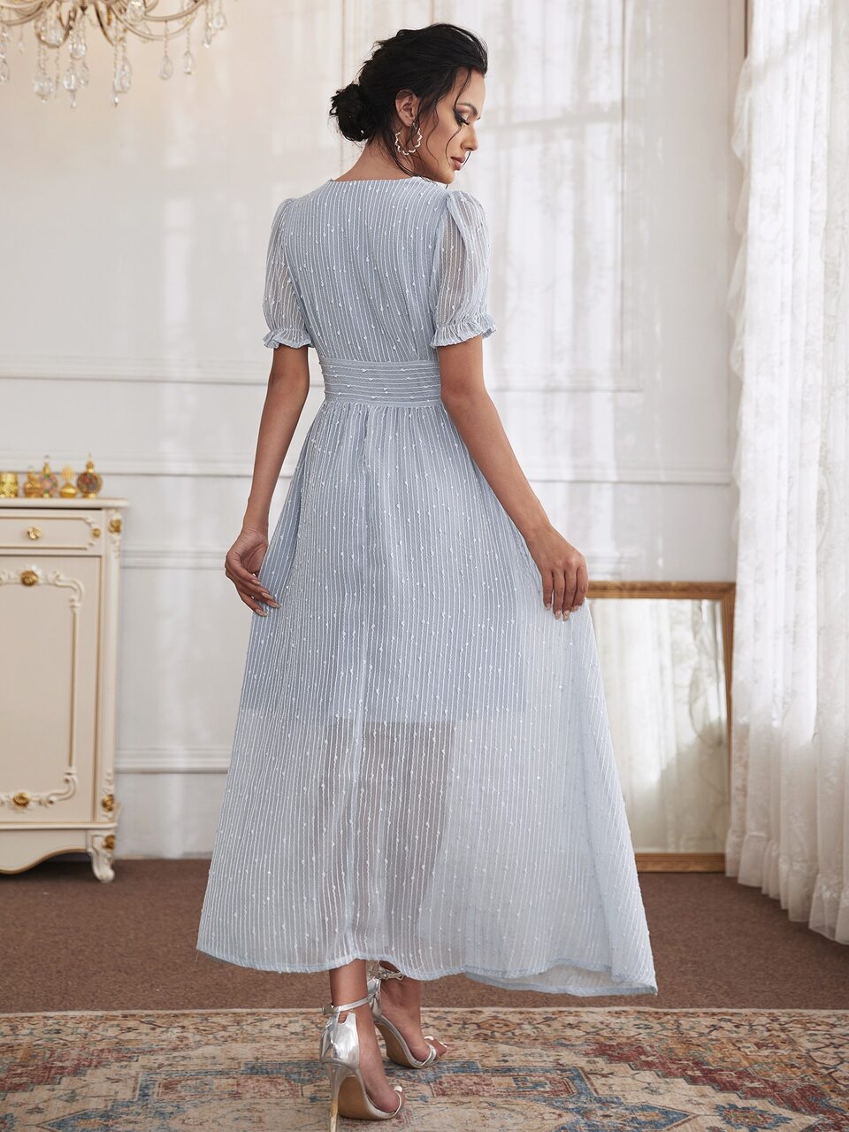 Pearls Puff Sleeve High Waist A-Line Dress