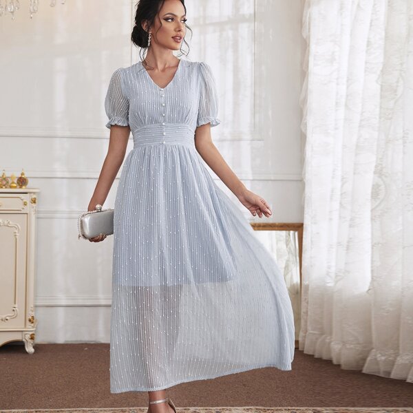 

Pearls Puff Sleeve High Waist A-Line Dress, Blue