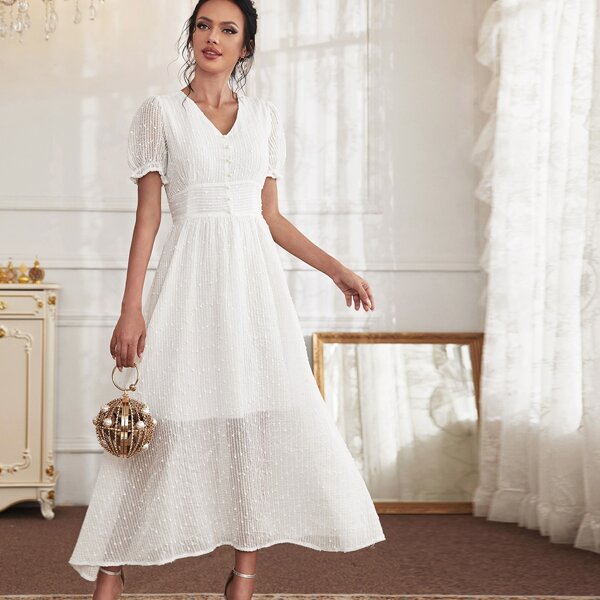 

Pearls Puff Sleeve High Waist A-Line Dress, White