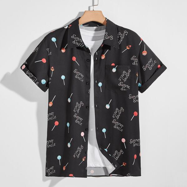 

Men 1pc Lollipop And Letter Graphic Button Front Shirt, Black
