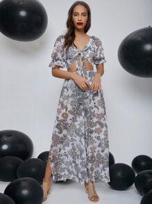 SHEIN 佩斯利圖案荷葉邊袖繫帶短版上衣和開衩寬管褲子套裝 - 彩色 - 查看 3