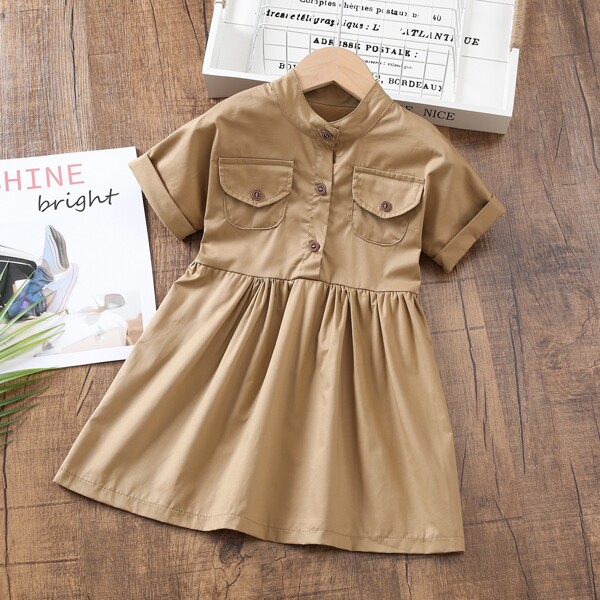 

Toddler Girls Half Button Shirt Dress, Khaki