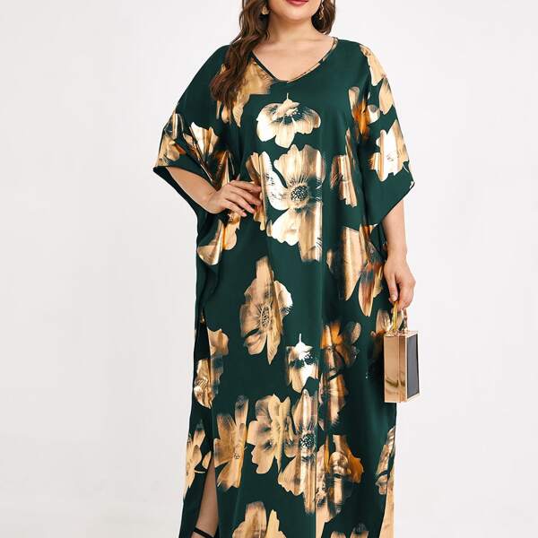 

Plus Floral Print Split Hem Batwing Sleeve Maxi Dress, Multicolor