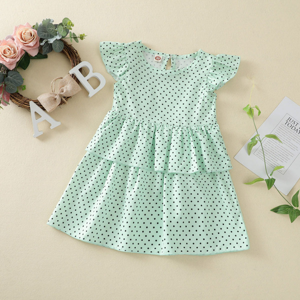 

Baby Girl Polka Dot Ruffle Trim Babydoll Dress, Mint green