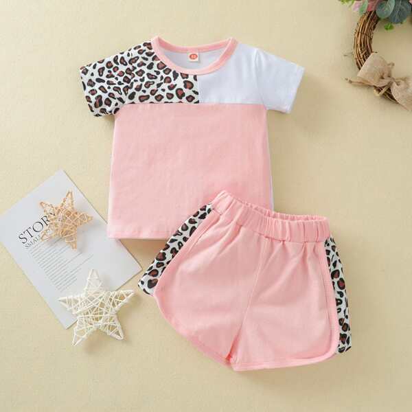 

Baby Unisex Contrast Leopard Panel Tee & Shorts, Multicolor