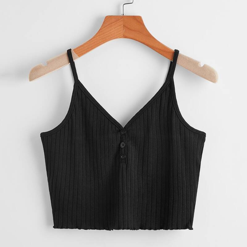 

Solid Ribbed Button Cami, Black