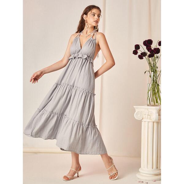 

Solid Ruffle Trim Backless Halter Dress, Light grey