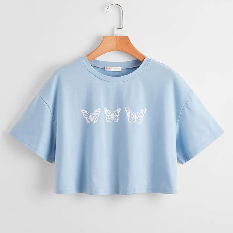 

Butterfly Graphic Crop Tee, Baby blue