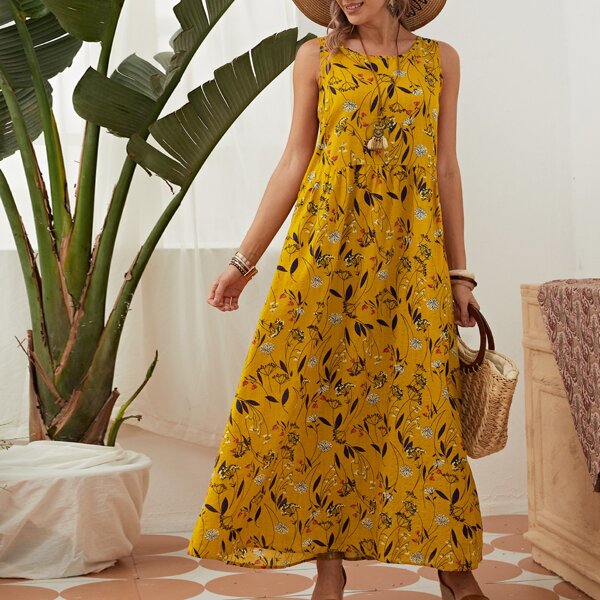 

Floral Print Smock Dress, Mustard yellow