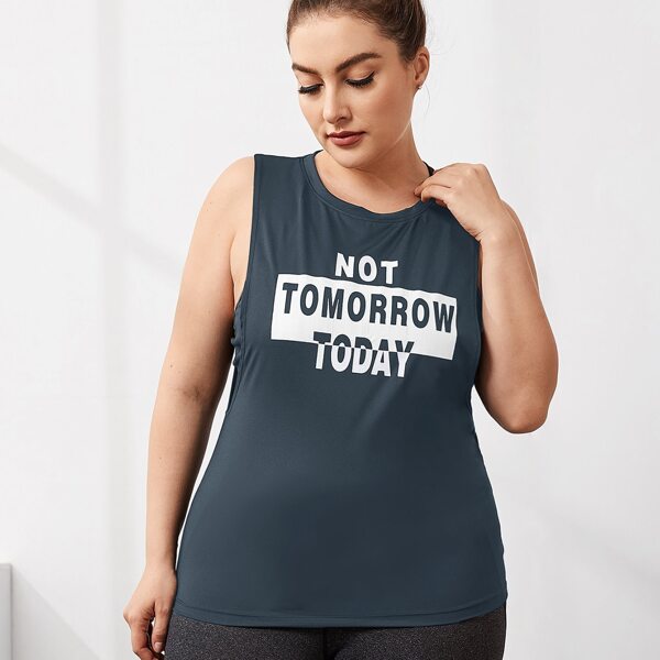 

Plus Slogan Graphic Sports Tank Top, Dusty blue