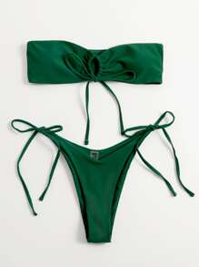 SHEIN Swim 前结带边系带比基尼套装，适合夏季海滩度假 - 綠色 - 查看 1