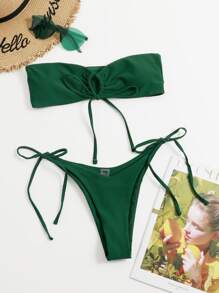 SHEIN Swim 前结带边系带比基尼套装，适合夏季海滩度假 - 綠色 - 查看 3
