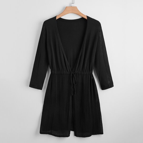 

Plus Solid Drawstring Waist Cardigan, Black