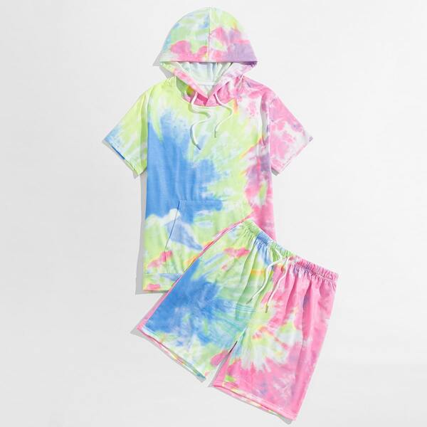

Men Tie Dye Kangaroo Pocket Drawstring Hooded Tee With Shorts, Multicolor