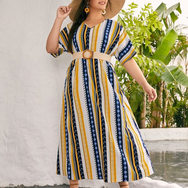 

Plus V-neck Batwing Sleeve Mixed Print Dress Without Belt, Multicolor