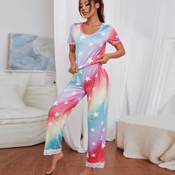 

Star & Ombre Lace Trimed Pajama Set, Multicolor