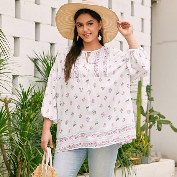 

Plus Tie Neck Lantern Sleeve Floral Top, White