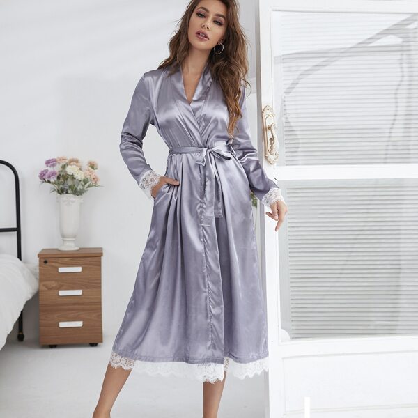 

Lace Insert Belted Night Robe, Grey