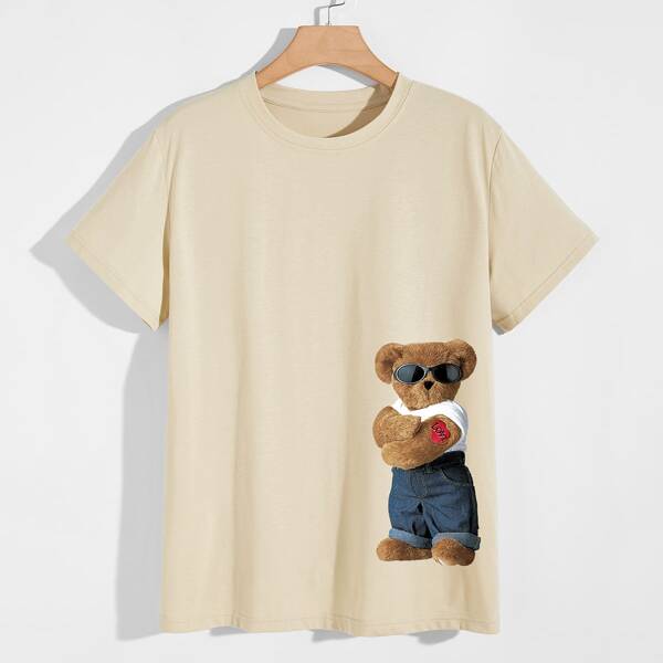 

Men Cartoon Bear Graphic Short Sleeve Tee, Khaki