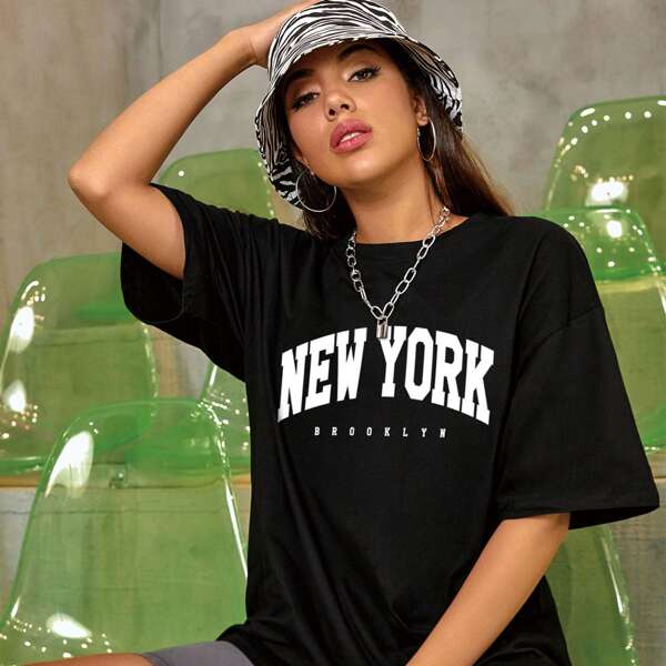 

Letter Graphic Drop Shoulder Oversized Tee, Black