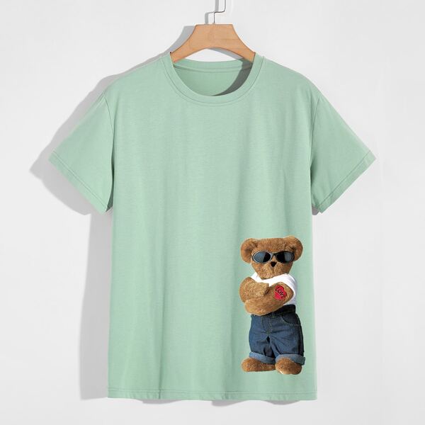 

Men Cartoon Bear Graphic Short Sleeve Tee, Mint green