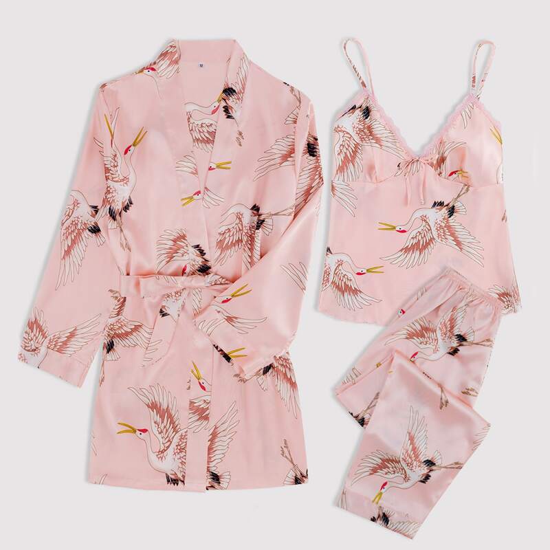 

3pcs Allover Crane Satin Night Set, Baby pink