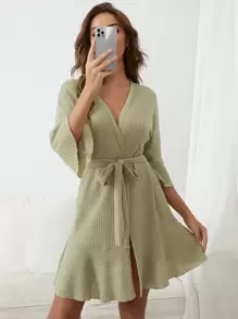 Waffle Knit Flounce Sleeve Belted Lounge Robe - Green - View 1