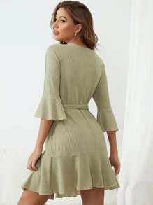 Waffle Knit Flounce Sleeve Belted Lounge Robe - Green - View 2