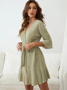 Waffle Knit Flounce Sleeve Belted Lounge Robe - Green - View 3
