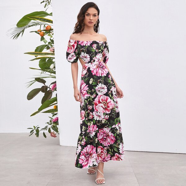

Off Shoulder Cut-out Ruffle Hem Floral Dress, Multicolor