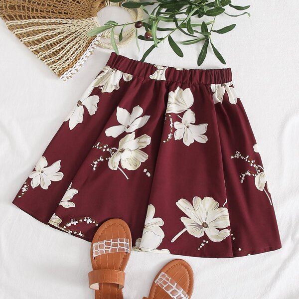 

Floral Print Flared Skirt, Burgundy