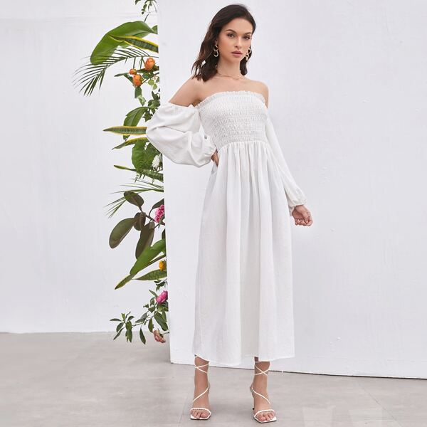

Off Shoulder Lantern Sleeve Shirred Bodice Dress, White
