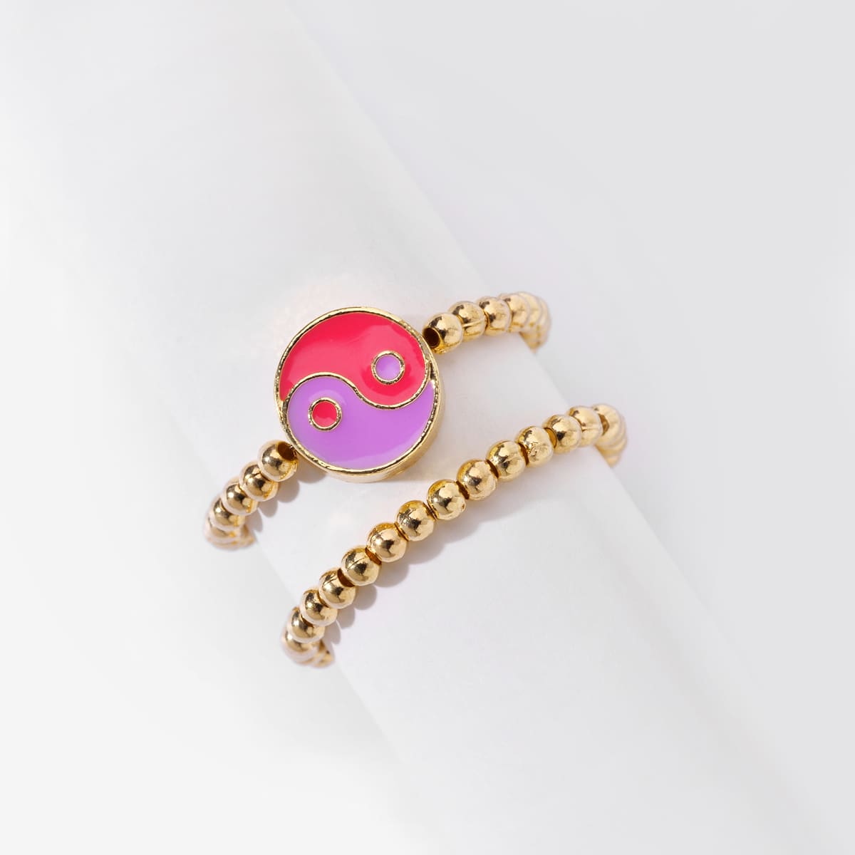 

2pcs Yin & Yang Detail Beaded Ring, Gold