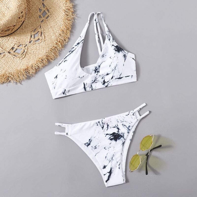 

Marble Cut Out Bikini Swimsuit, White