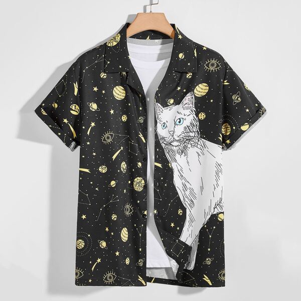 

Men 1pc Galaxy & Cat Print Shirt, Black