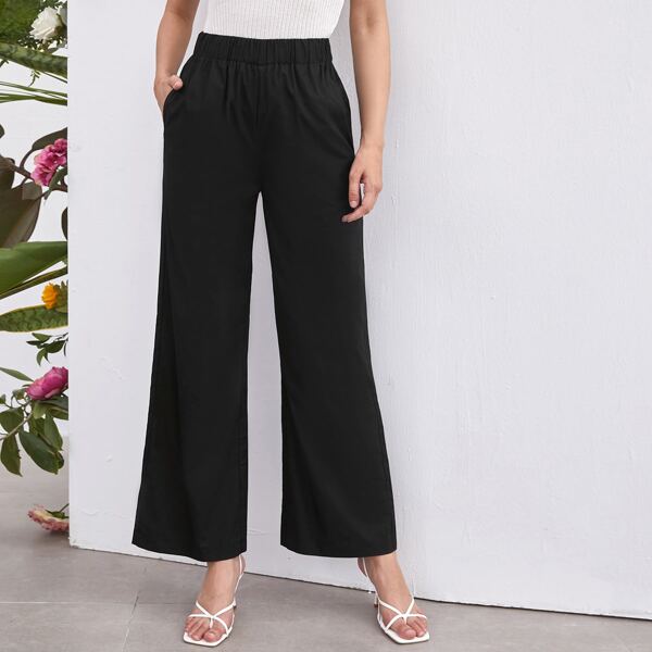 

Elastic Waist Solid Wide Leg Pants, Black