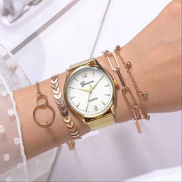 

1pc Round Pointer Mesh Strap Watch & 4pcs Bracelet