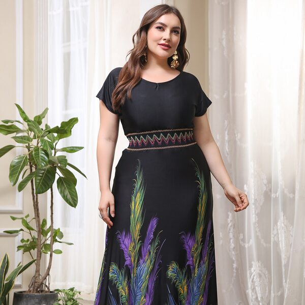 

Plus Plants Print A-line Dress, Black