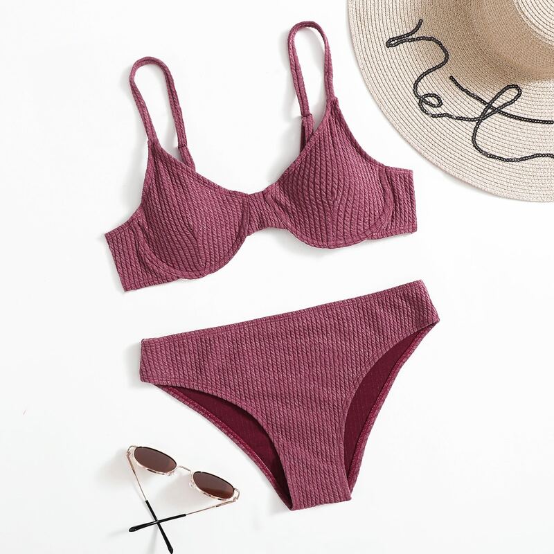 

Solid Underwire Bikini Swimsuit, Purple