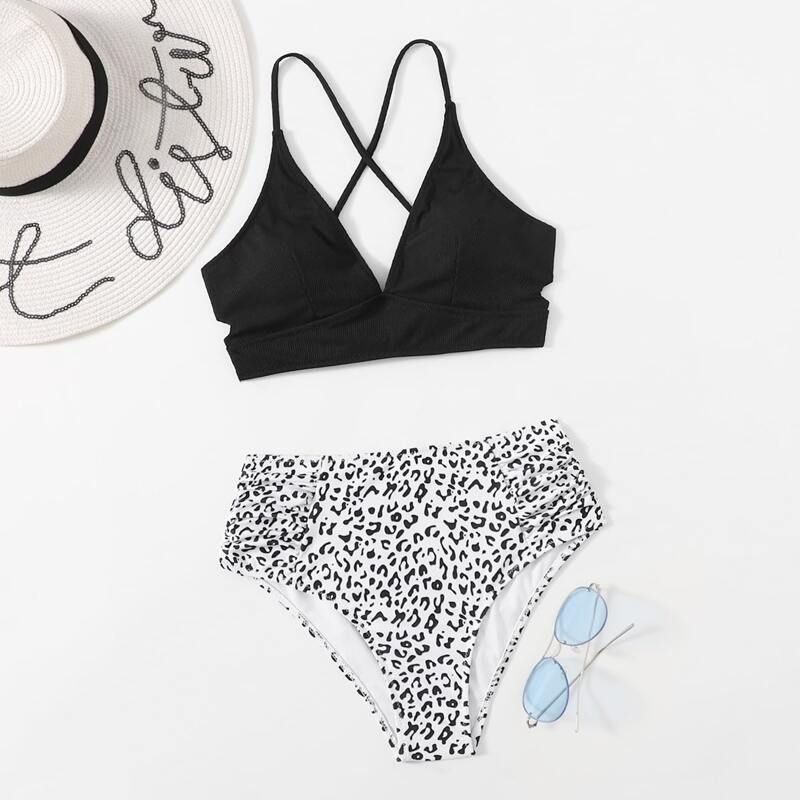

Leopard Criss Cross Cut Out Bikini Swimsuit, Black and white