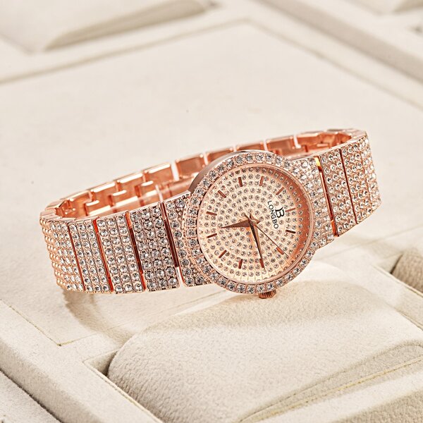 

Rhinestone Decor Round Pointer Quartz Watch