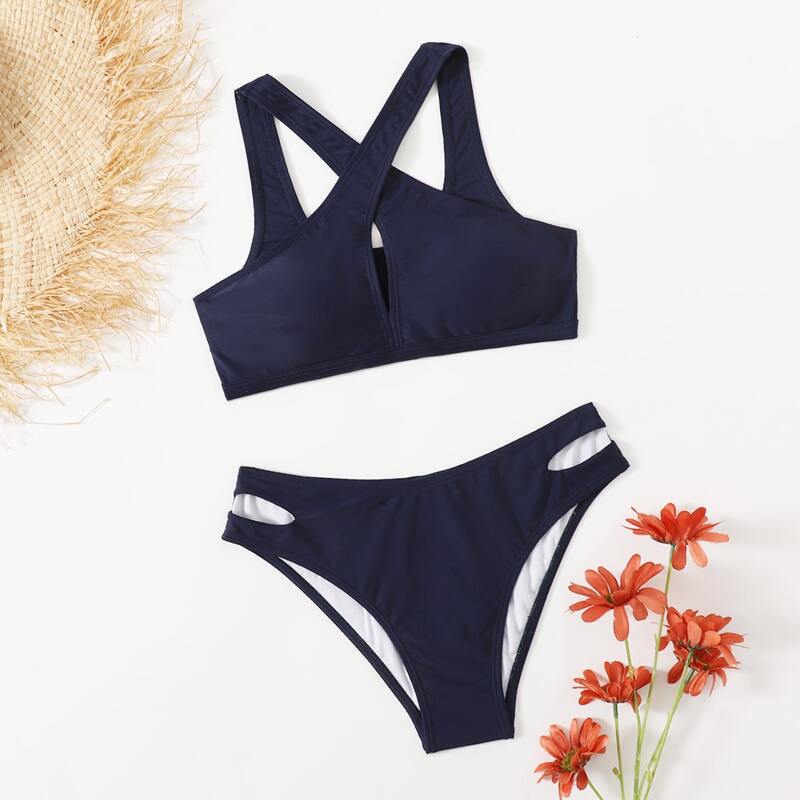 

Solid Cut Out Bikini Swimsuit, Navy blue