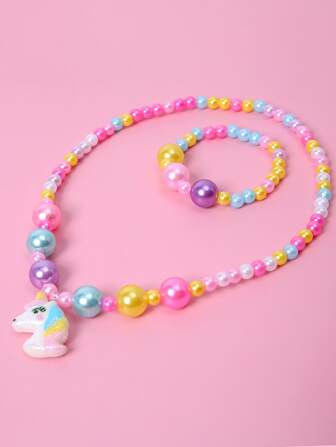 2 件套女孩可爱独角兽吊坠首饰套装，包含串珠手链和项链，颜色随机，适合节日派对、生日礼物
